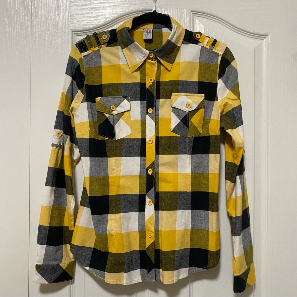 Honey Bun Yellow Black White Plaid Shirt Size Large Juniors